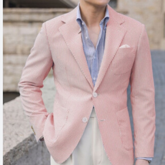 John Varvatos Men’s Blazer Pinstripe Cream Red Linen Cotton Designer Luxe Sz 38 - Picture 2 of 15